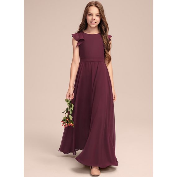 A-Line Scoop Floor-Length Chiffon Junior Bridesmaid Dress With Cascading Ruffles