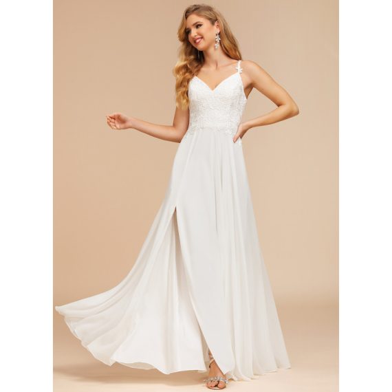 A-line V-Neck Floor-length Chiffon Lace Wedding Dress