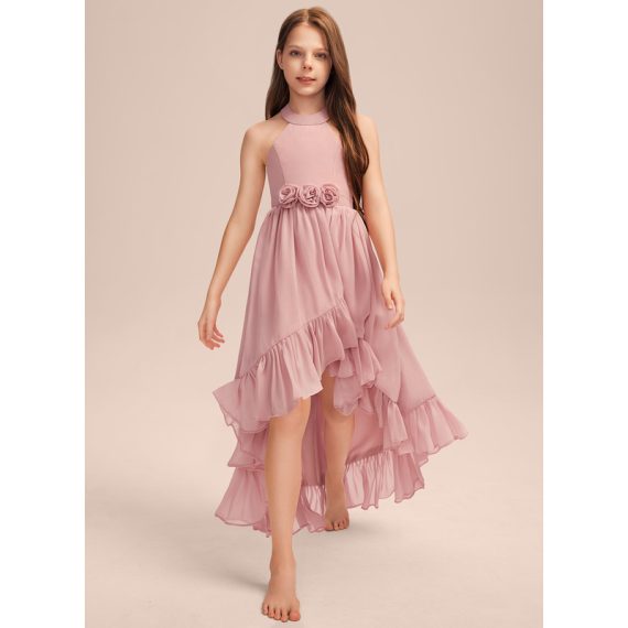A-Line Halter Asymmetrical Chiffon Junior Bridesmaid Dress With Flower(s) Cascading Ruffles