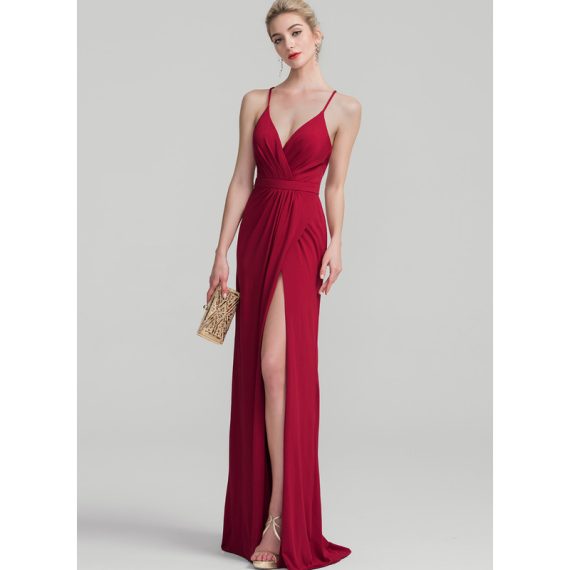 Sheath/Column V-neck Floor-Length Jersey Evening Dress With Pleated