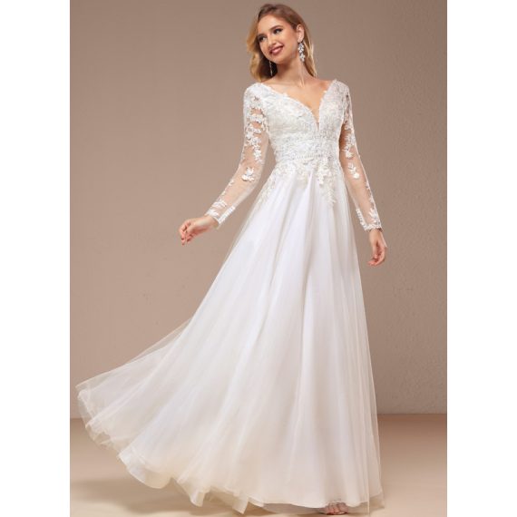 A-Line V-neck Floor-Length Tulle Lace Wedding Dress With Beading Sequins