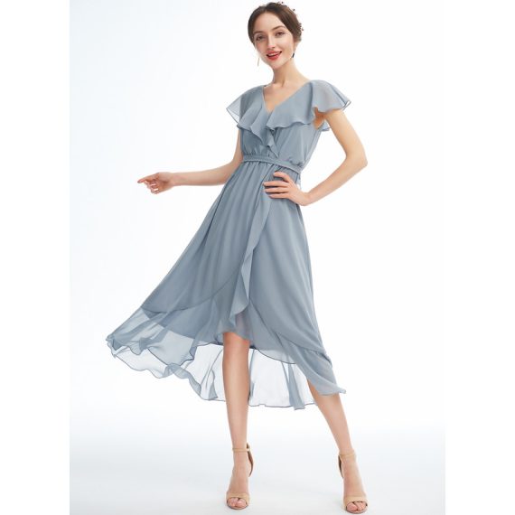A-Line V-neck Asymmetrical Chiffon Cocktail Dress With Ruffle