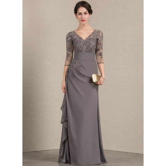 A-Line V-neck Floor-Length Chiffon Lace Mother of the Bride Dress With Cascading Ruffles