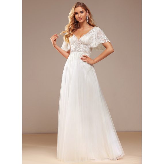 A-line V-Neck Floor-Length Lace Tulle Wedding Dress With Beading Sequins