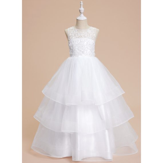 Ball-Gown/Princess Scoop Floor-Length Lace/Tulle Flower Girl Dress