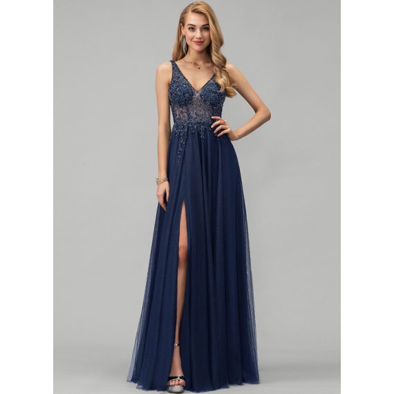 A-line V-Neck Floor-Length Tulle Prom Dresses With Beading Sequins