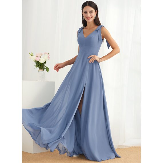 A-Line V-neck Floor-Length Chiffon Bridesmaid Dress With Bow(s) Split Front