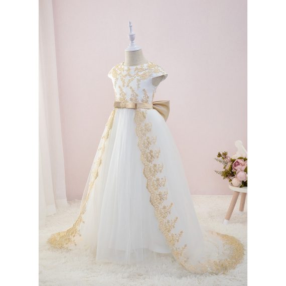 Ball-Gown/Princess Scoop Court Train Lace/Tulle Flower Girl Dress