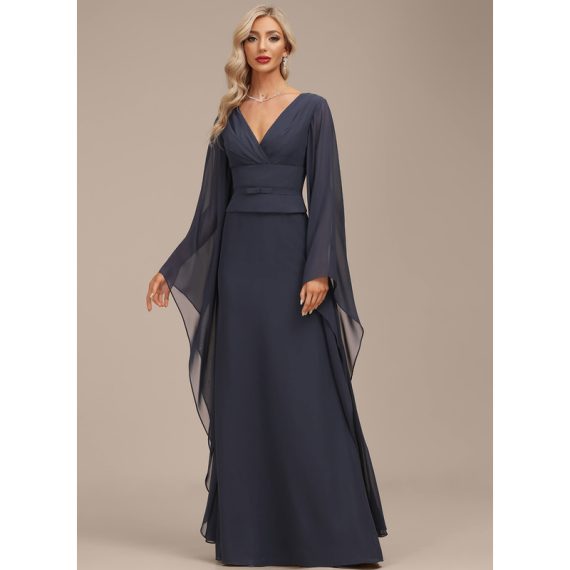 Sheath/Column V-neck Floor-Length Chiffon Evening Dress With Bow(s) Pleated