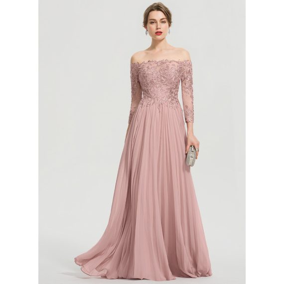 Ball-Gown/Princess Off the Shoulder Floor-Length Chiffon Lace Prom Dresses With Pleated Sequins