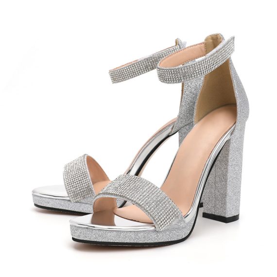 Women's Glitter High Heel Block Heel Peep Toe With ankle strap Rhinestone