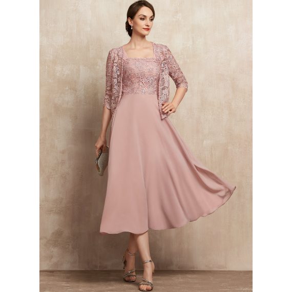 A-line Square Tea-length Chiffon Lace Mother of the Bride Dress With Beading Sequins