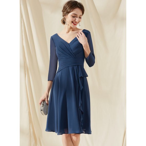 A-Line V-neck Knee-Length Chiffon Cocktail Dress With Cascading Ruffles