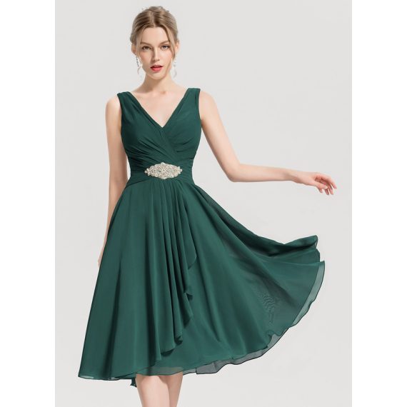 A-Line V-neck Knee-Length Chiffon Cocktail Dress With Beading Cascading Ruffles