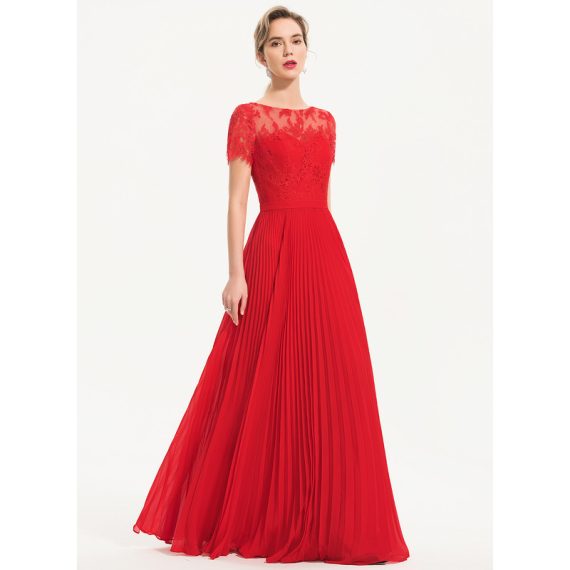A-Line Scoop Illusion Floor-Length Chiffon Lace Evening Dress With Pleated