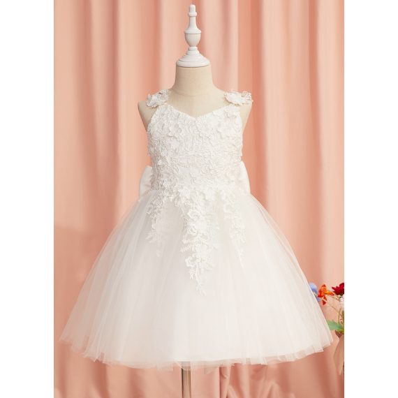 A-line V-Neck Knee-Length Lace/Tulle Flower Girl Dress