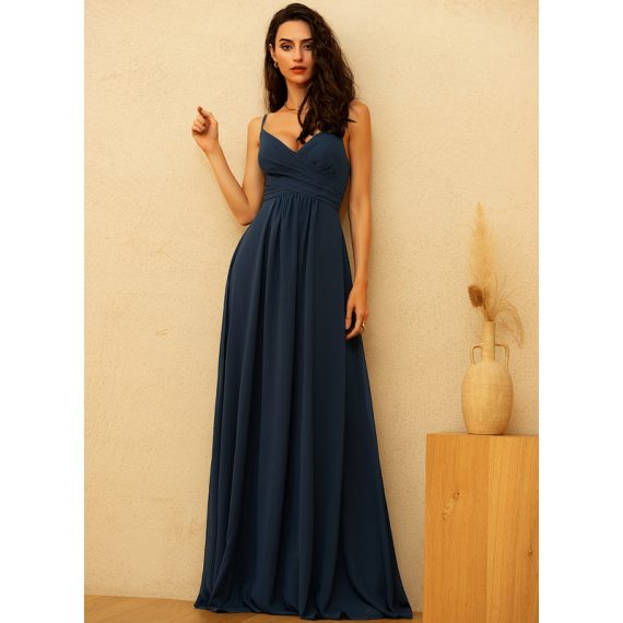 A-line V-Neck Floor-Length Chiffon Prom Dresses With Pleated