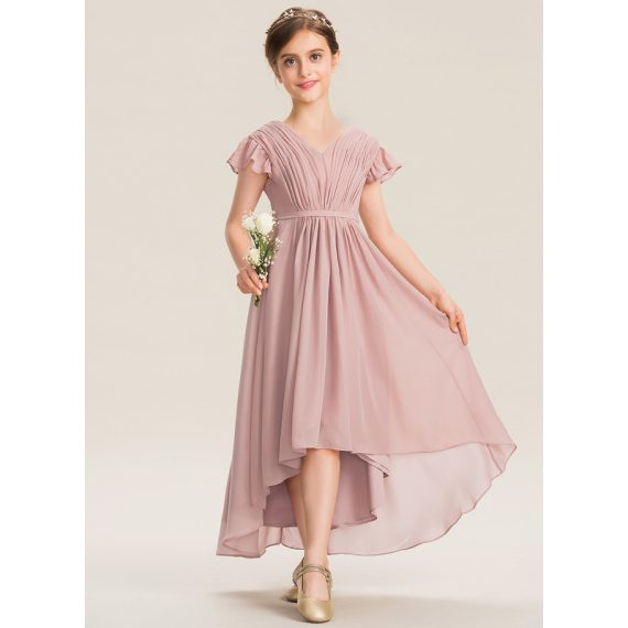 A-Line V-neck Asymmetrical Chiffon Junior Bridesmaid Dress With Bow(s) Cascading Ruffles