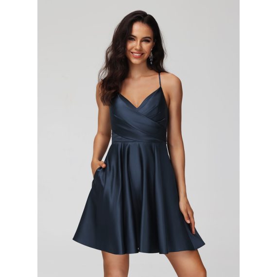 A-line V-Neck Short/Mini Satin Homecoming Dress With Pleated