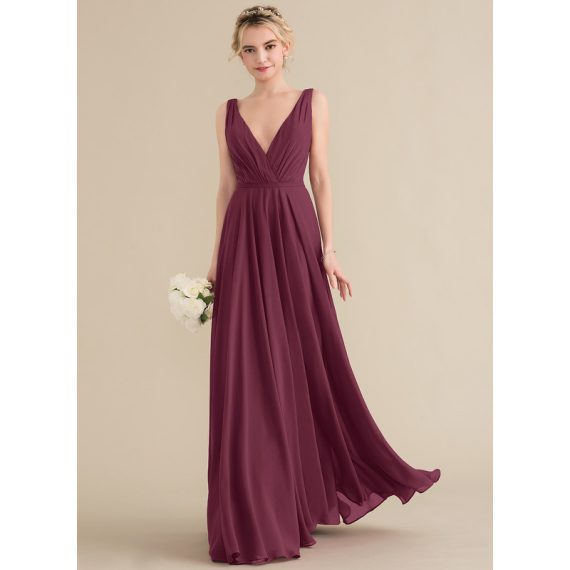 A-Line V-neck Floor-Length Chiffon Bridesmaid Dress With Pleated