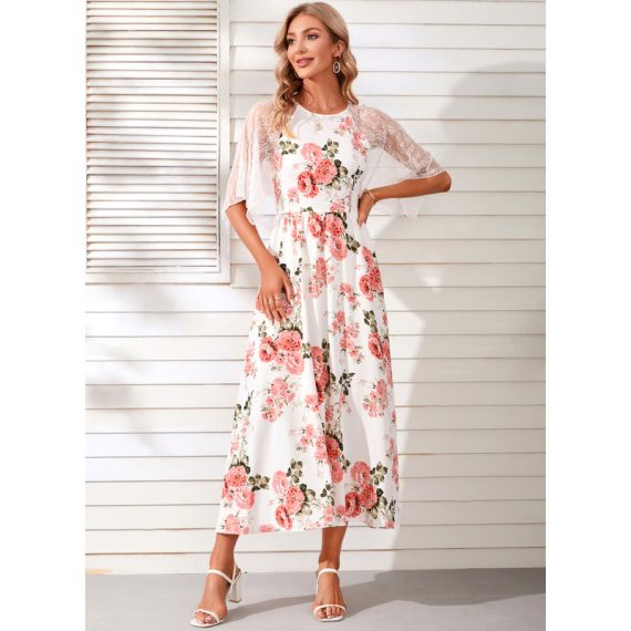 Round Neck 1/2 Sleeves Elegant A-line Chiffon Midi Dresses