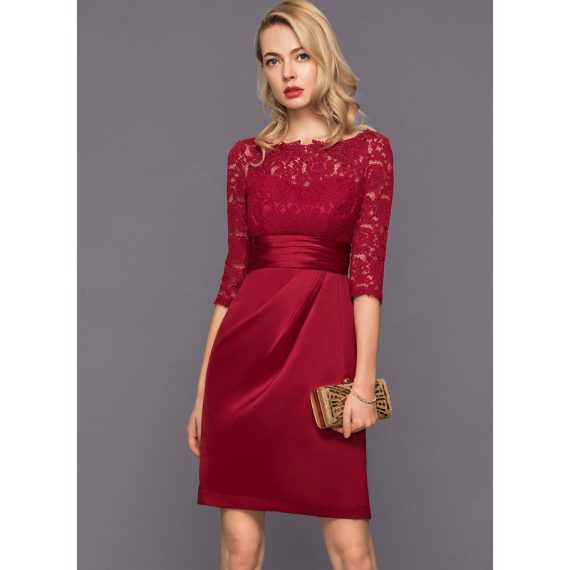 Sheath/Column Scoop Knee-Length Satin Lace Cocktail Dress With Ruffle