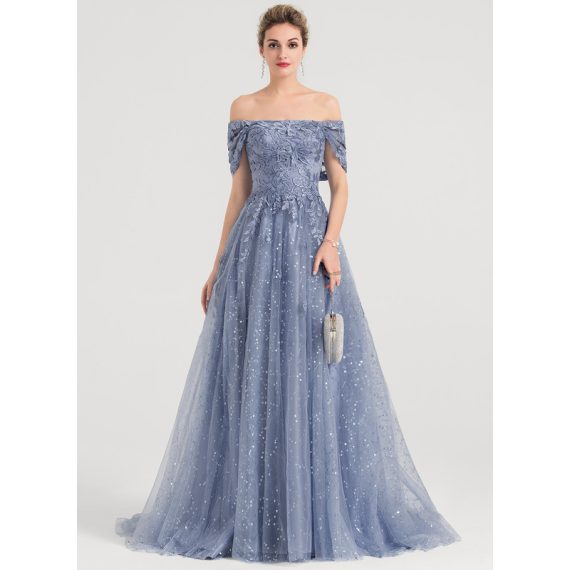Ball-Gown/Princess Off-the-Shoulder Sweep Train Tulle Lace Evening Dress With Sequins