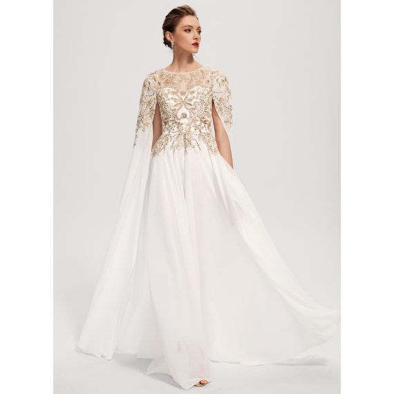 A-Line Scoop Floor-Length Chiffon Lace Evening Dress With Sequins