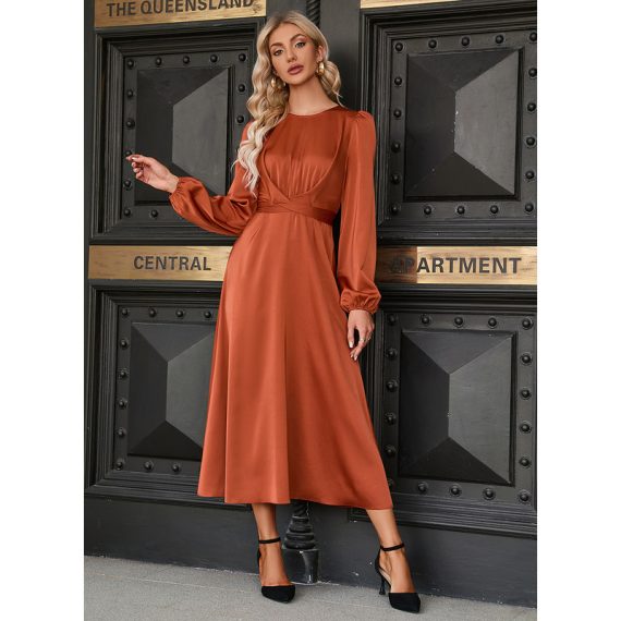 Lace-up Round Neck Long Sleeves Elegant A-line Satin Dresses