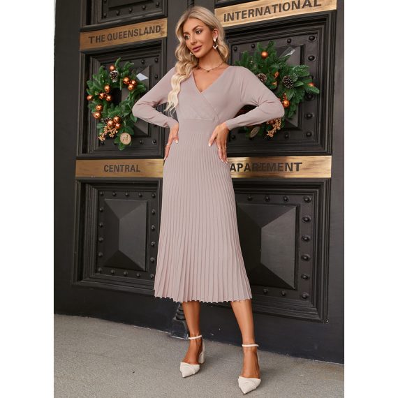 V-Neck Long Sleeves Elegant Cotton Blends Midi Dresses