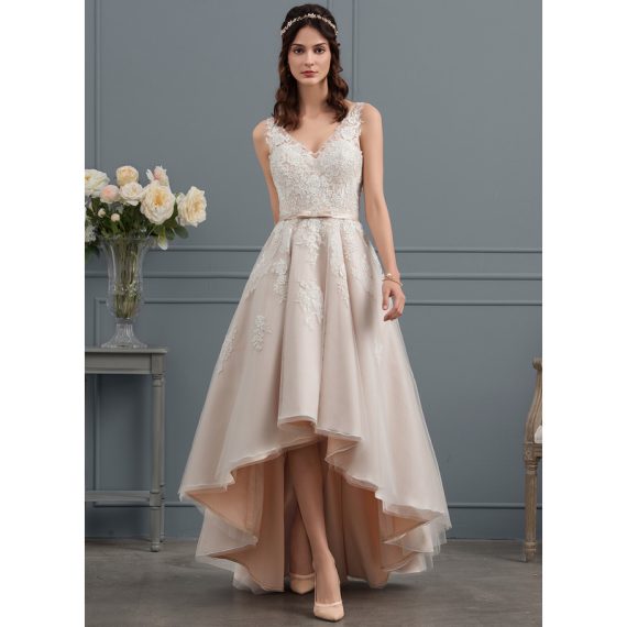 A-Line V-neck Asymmetrical Satin Tulle Lace Wedding Dress With Bow(s)