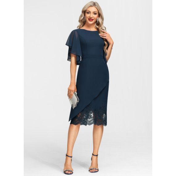 Sheath/Column Scoop Knee-Length Chiffon Evening Dress With Appliques Lace