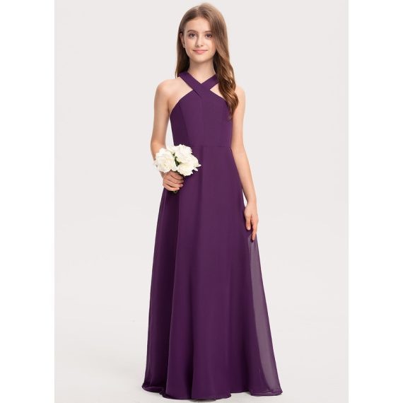 A-Line Halter Floor-Length Chiffon Junior Bridesmaid Dress