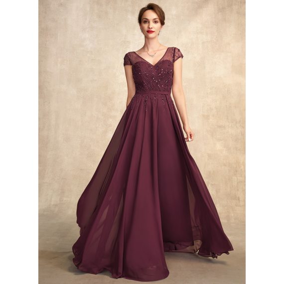A-line V-Neck Floor-length Chiffon Mother of the Bride Dress With Beading Sequins