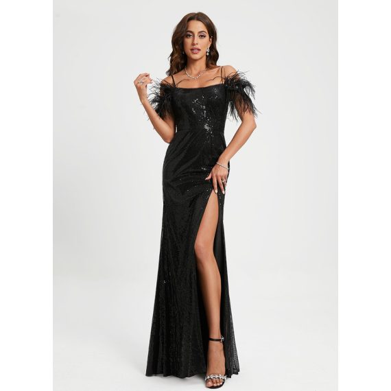 Sheath/Column Scoop Floor-length Sequined Prom Dresses With Feather Sequins