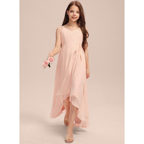 A-Line V-neck Asymmetrical Chiffon Junior Bridesmaid Dress With Cascading Ruffles