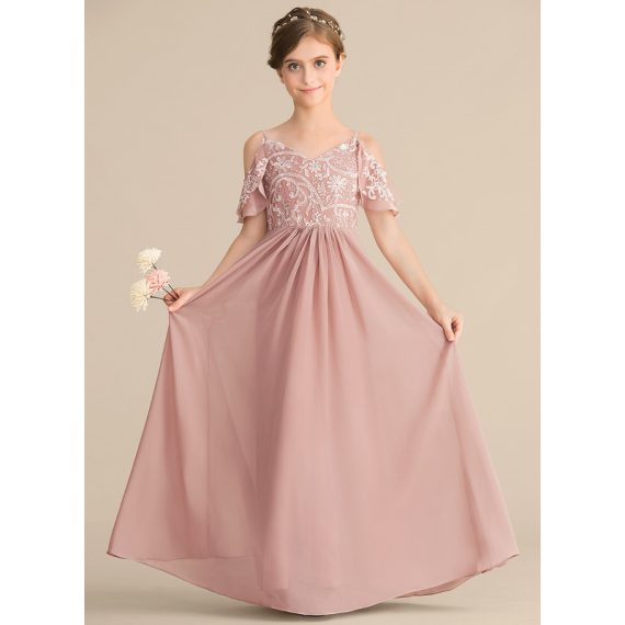 A-Line Cold Shoulder Floor-Length Chiffon Lace Junior Bridesmaid Dress