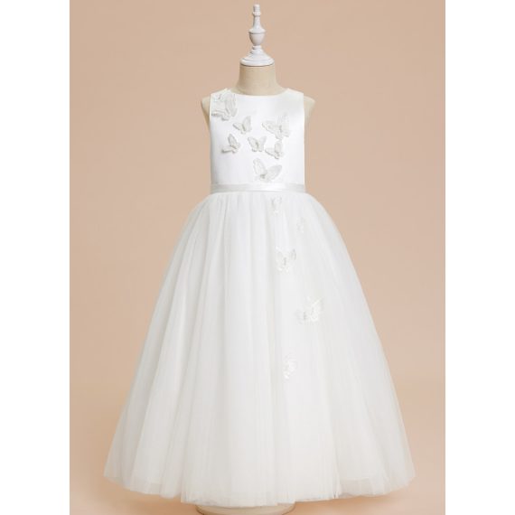 A-line Scoop Floor-Length Satin/Tulle Flower Girl Dress