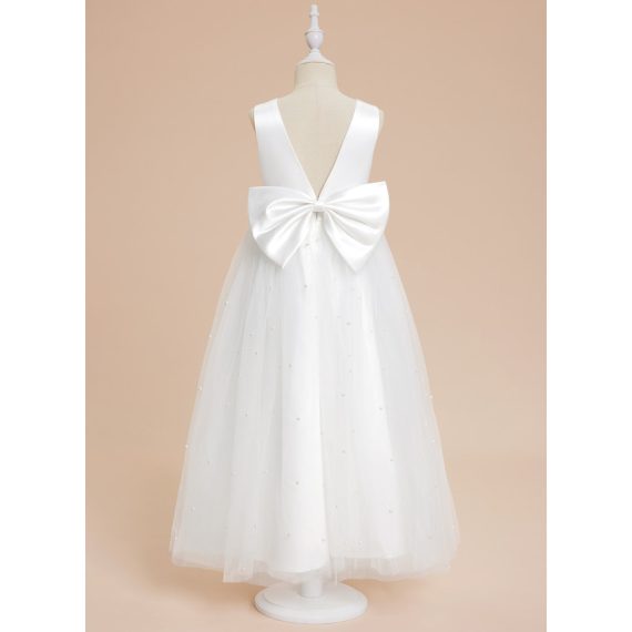 A-line V-Neck Ankle-Length Satin/Tulle Flower Girl Dress