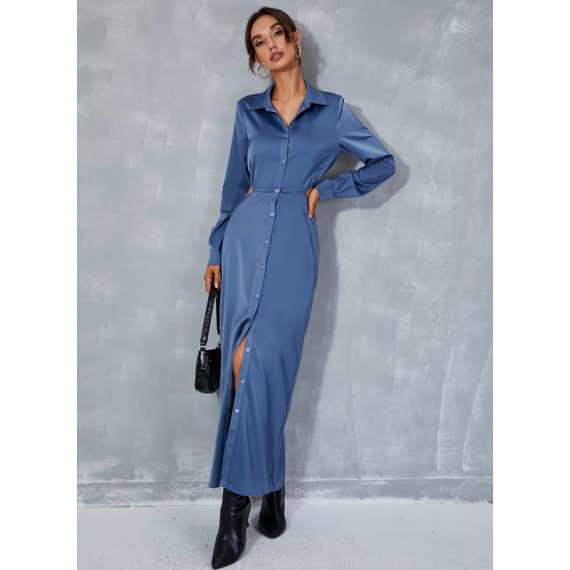 Split Front V-Neck Long Sleeves Casual A-line Polyester Midi Dresses