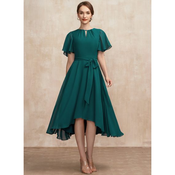 A-Line Scoop Asymmetrical Chiffon Cocktail Dress With Ruffle Bow(s)