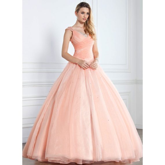 Ball-Gown/Princess V-neck Floor-Length Organza Satin Prom Dresses With Ruffle Beading Sequins