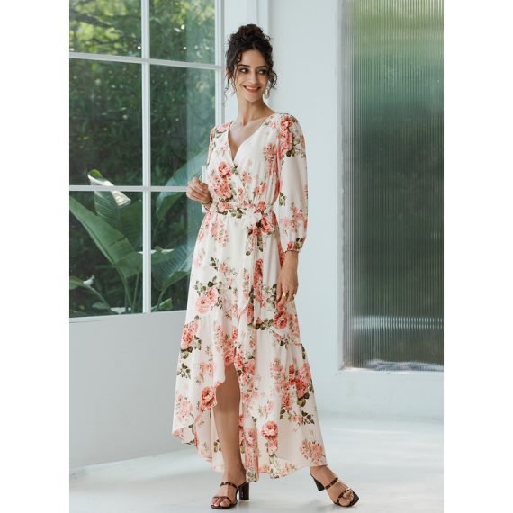V-Neck Long Sleeves Elegant Chiffon Asymmetrical Dresses