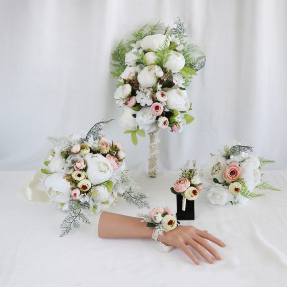 Romantic Round/Cascade Silk Flower Wedding Bouquet sets (set of 5) - Wrist Corsage/Boutonniere/Bridal Bouquets/Flower Girl Bouquet/Bridesmaid Bouquets