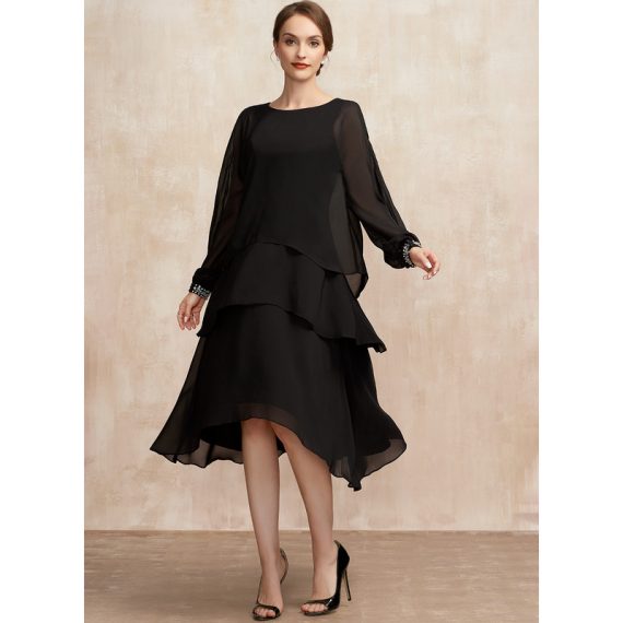 A-line Scoop Asymmetrical Chiffon Mother of the Bride Dress With Beading