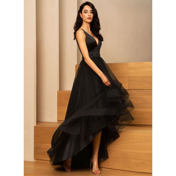 A-Line V-neck Asymmetrical Satin Tulle Evening Dress With Beading