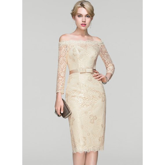 Sheath/Column Off-the-Shoulder Knee-Length Tulle Lace Cocktail Dress With Bow(s)