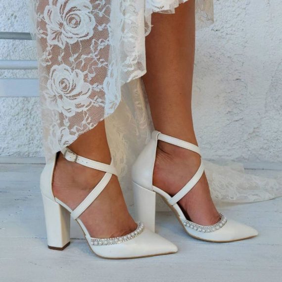 Women's Leatherette High Heel Block Heel Closed Toe With Adaptable Strap Pearl & Imitation Pearl Rhinestone