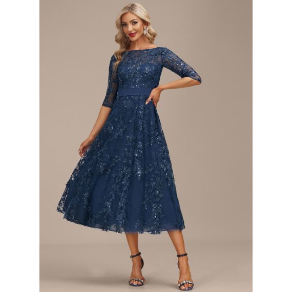 A-Line Boat Neck Illusion Tea-Length Chiffon Lace Cocktail Dress With Sequins