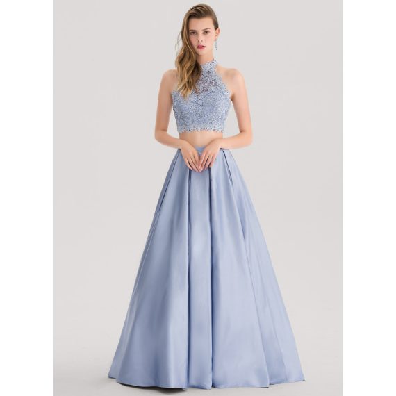Ball-Gown/Princess Scoop Floor-Length Satin Lace Prom Dresses With Beading Sequins